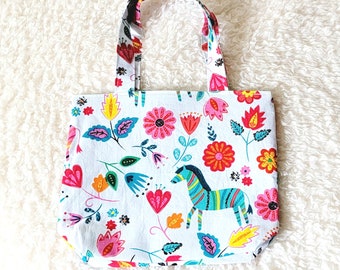 Ready to Ship Kids Cotton Multi Color Fantasy Flowers and Horse Mini Totebag