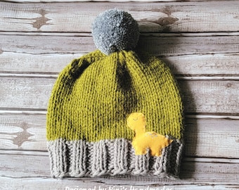 Made to Order Kids Hand Knit  Charcoal Olive with Heather Gray Pom Pom Hat with Dinosaur Applique Kids to Adult sizing