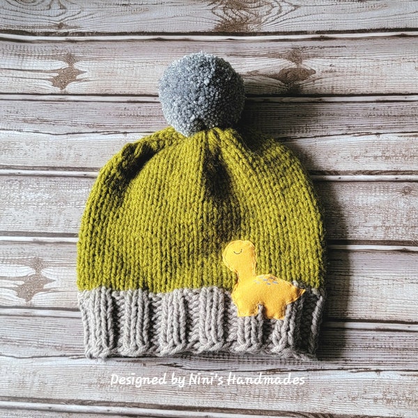 Made to Order Kids Hand Knit  Charcoal Olive with Heather Gray Pom Pom Hat with Dinosaur Applique Kids to Adult sizing