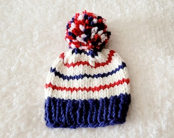 Final Sale Unisex NEWBORN Navy Creme Red Striped  Pom Pom Hat, Pom Pom Hats, Babyshower gift