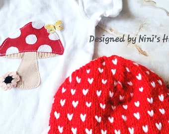 Farm Baby 2 Piece White Bodysuit with a Handmade Mushroom and Hand Knitted Fair Isle-Heart stitch Red and White Hat