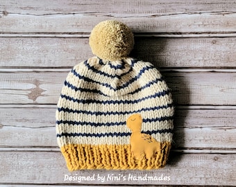 Made to Order Kids Hand Knit Mustard Beige Creme and Navy striped Pom Pom Hat with Dinosaur Applique Kids to Adult sizing