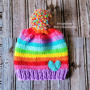 Made to Order Winter Knit Purple start Rainbow with Heart Pom Pom Hat, baby hat, baby, pom pom, rainbow, kid's hats