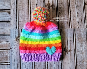 Made to Order Winter Knit Purple start Rainbow with Heart Pom Pom Hat, baby hat, baby, pom pom, rainbow, kid's hats