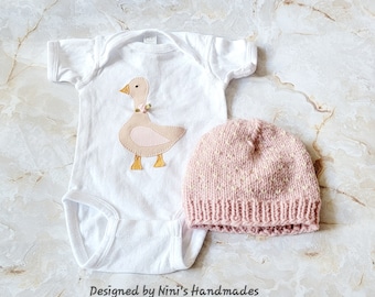 Goose Baby 2 Piece White Bodysuit with a Handmade Goose and hand knitted Smokey Rose Fair Isle Hat, Goo Farm Animal baby shower nursery gift