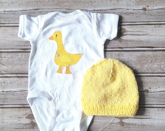 Cute Yellow Goose Baby Outfit with hand knitted Honey Fair Isle Hat with Goose One Piece