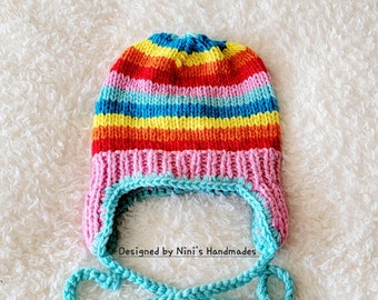 Hand Knit Kids  Rainbow Ear Flap Hat, Rainbow Fall and Winter, Rainbow kids gift, Rainbow themed