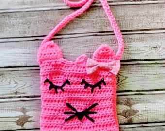 Ready to ship Kids Toddlers Hot Pink Kitty Crochet Strap Bag