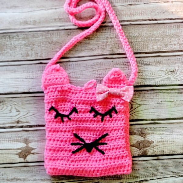 Ready to ship Kids Toddlers Hot Pink Kitty Crochet Strap Bag