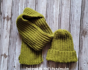 Final Sale Kids Hand Knit Rib Knit Olive Double Brim Hat and Scarf Set