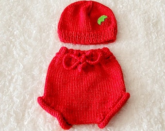 Final Sale Ready to Ship Hand Knit Red Diaper cover and Pixie (with a small strawberry)Hat Set, handmade knit baby shower gift