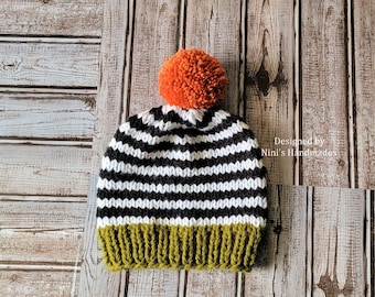 Ready to Ship Olive Black and White with Rust Pom Pom Knit Fall-Winter Hat, All sizes available, Fall Knit Kids to Adult Sizes