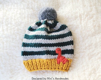 ReDy to Ship Kids Boys and Girls Hand Knit Muster Light Gray Dark Green Winter Pom Pom Hat with Dinosaur applique