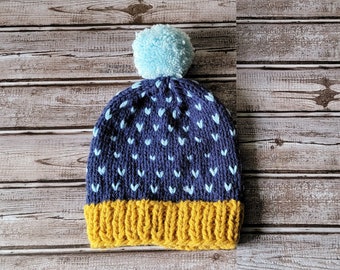 Ready to Ship Hand Knit Mustard Navy with Light Blue Heart Fair Isle stitches and Light Blue Pom Pom Hat