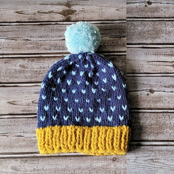 Ready to Ship Hand Knit Mustard Navy with Light Blue Heart Fair Isle stitches and Light Blue Pom Pom Hat