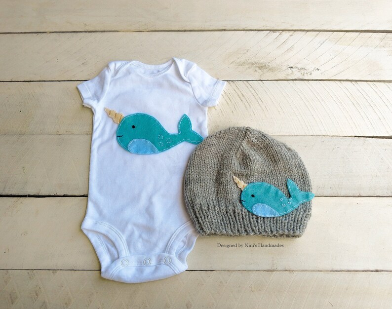 Narwhal Whale bodysuit Narwhal Baby Boy Bodysuit and Hat set nautical narwhal baby shower gift baby boy Narwhal apparel baby clothing