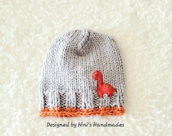 Made to Order Kids Boys and Girls Hand Knit Creme Light Gray Winter Hat with Dinosaur applique