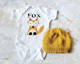 Baby 2 Piece White Bodysuit with a Cute Mustard  Fox hand knitted Mustard Hat, Woodland Fox baby shower nursery gift