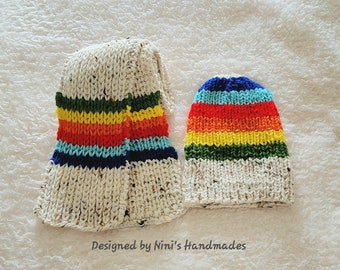 Ready to Ship Gender Neutral Adult Size Speckled and Creme with Multi Stripes Hat and Scarf Set,  Gift for Him, Gift for Her, winter gift