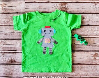 Bright Apple Green Baby Toddler Cotton Tee with Robot applique and hand embroidered Beep Boop words