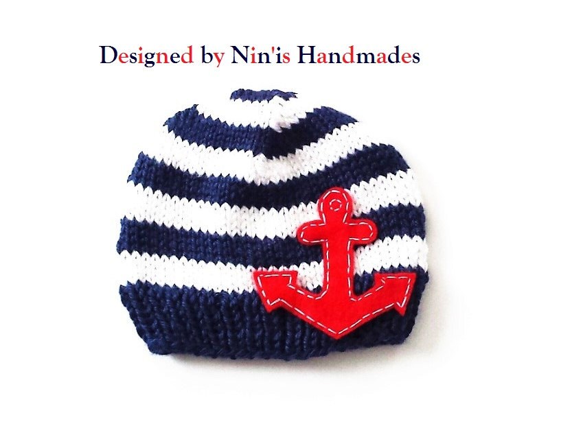 Knit Nautical Baby Boy hat with ANCHOR Baby Beanie