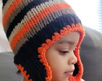 Only One Left Hand Knit Boys Ear Flap Hat, Fall and Winter, Boys striped kids gift, Football Team themed