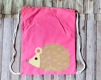Kids Pink Hedgehog Drawstring Bag, Toy Bag, Sleepover bag, back to school drawstring bag, kids drawstring bag gift, drawstring gift bag