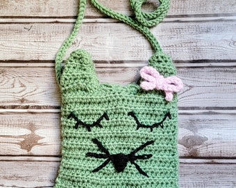 Ready to ship Kids Toddlers Sage green Kitty Crochet Strap Bag