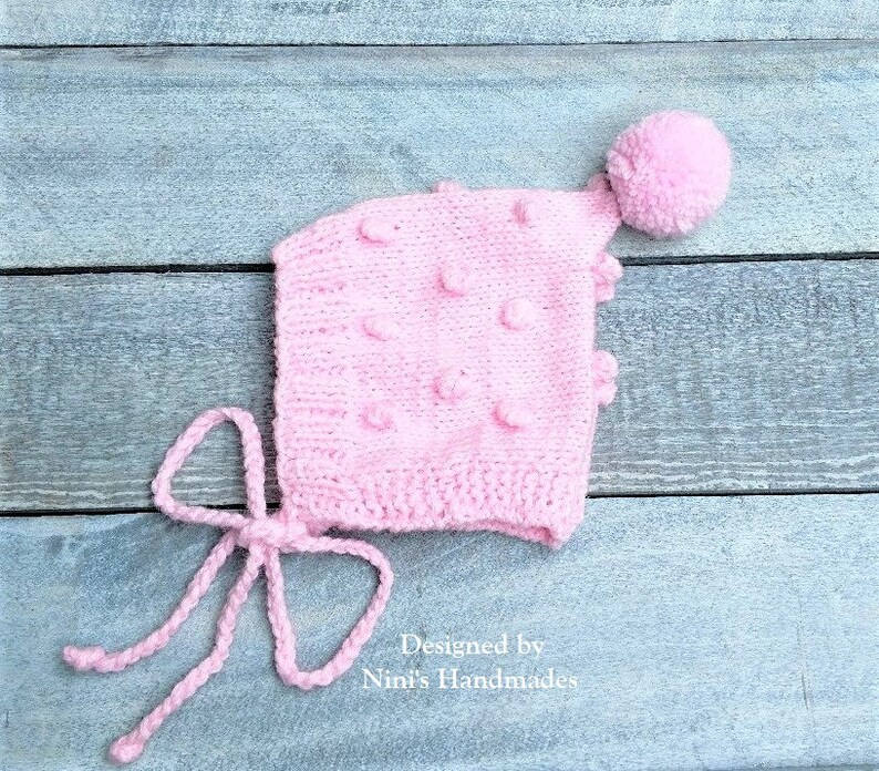 Handmade Hats baby shower gift Baby pixie Bonnets Bonnet Kids apparel Knit Pink Bobble Pixie Bonnet Pom Pom Hat For Fall and Winter
