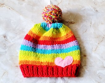 Made to Order Gender Neutral (No Heart Option) Winter Knit No Pink Rainbow with Heart Pom Pom Hat, baby hat, baby,