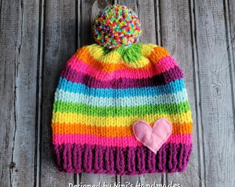 Hand Knit Raspberry induced Rainbow Pom Pom Hat: Winter  Kids Beanie with Fleece Heart