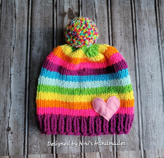 Hand Knit Raspberry Induced Rainbow Pom Pom Hat: Winter Kids  display picture 2