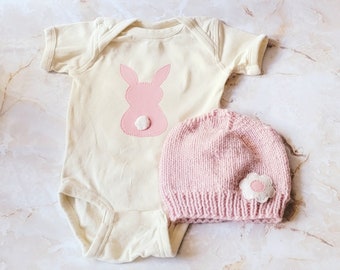 Ready to Ship! Baby Girls 2 Piece Off White Bunny Bodysuit and Smokey  Rose knitted Hat,  Bunny Baby shower gift, Bunny  themed