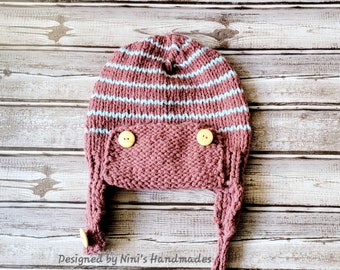 Ready to Ship Hand Knit Kids  Aviator inspired Rust and Blue Ear Flap Hat with Button straps.