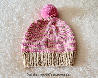 Ready to Ship Kids and Adult Size Creme and Rose striped hand knit Pom Pom Hat, women's hats, mother daughter winter hats