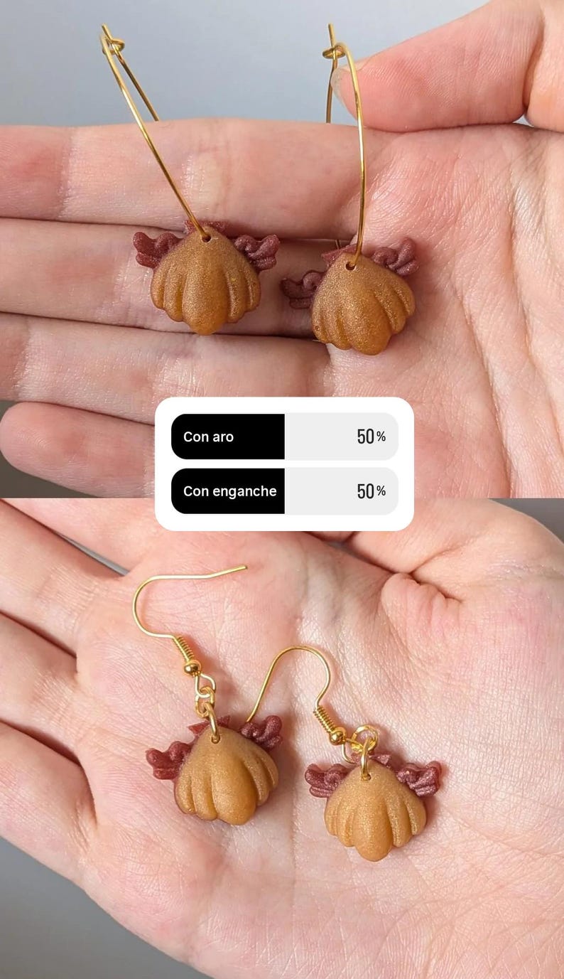 Pode incluir: Brincos feitos &agrave; m&atilde;o com um design texturizado castanho claro e detalhes em vermelho escuro. Os brincos est&atilde;o dispon&iacute;veis com argolas ou ganchos dourados. A imagem inclui um gr&aacute;fico com o texto "Con aro" e "Con enganche".