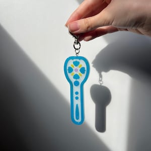 Puede incluir: Un llavero azul y blanco con forma de cuchara, con un llavero plateado. El diseño de la cuchara presenta detalles florales amarillos y azules. El llavero se sostiene sobre un fondo blanco.