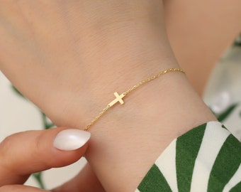 14K Gold Tiny Cross Bracelet, Silver Dainty Cross Bracelet, Baptism Gift, Christian Gift, Religious Bracelet, Gift For Mom, Gift for Her