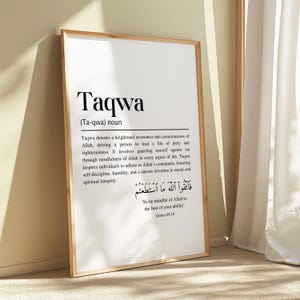 Taqwa Islamic Definition Framed Wall Art, Modern Minimalist Quranic Calligraphy Quote Prints, Islamic Home Décor, Islamic Muslim Gifts
