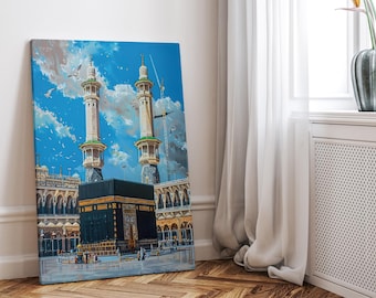 Masjid Al-Haram Kaaba Canvas, Mecca Watercolour Islamic Wall Art, Hajj Umrah Gift