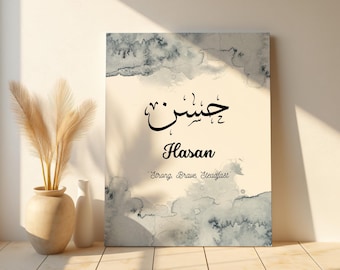Personalised Arabic Name Canvas Blue, Islamic Print, Muslim Boy Girl Gift