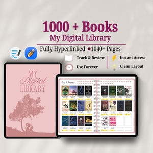 Puede incluir: Dos tabletas digitales que muestran una biblioteca digital. Una tableta muestra una portada rosa con el texto "My Digital Library" y una silueta de árbol. La otra tableta muestra una biblioteca con portadas de libros. El texto incluye "1000+ Books" y "Fully Hyperlinked".