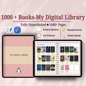May include: Digital library planner on a tablet with the text "1000+ Books-My Digital Library". The planner has a pink and beige cover with a penguin graphic. The open planner displays book covers and a rating system.