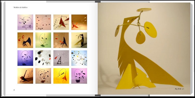 May include: A collection of mobiles and stabiles, including a yellow bird-shaped mobile with a circular base. The mobiles are made of metal and feature various shapes and colors.