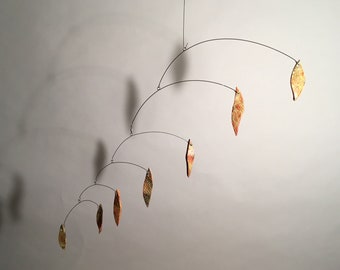 Ceramic "Leaves of Clay #2" yellow and Red Earthenware Pottery Petals and Mobile Modern Art Hanging Home Decor Sculpture Stainless Bars