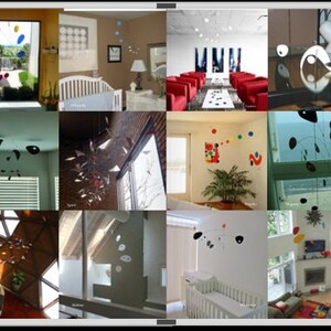 May include: A collage of 12 images showcasing various modern mobile sculptures hanging in different rooms of a home. The mobiles are made of metal and feature geometric shapes in black, white, red, blue, and yellow.