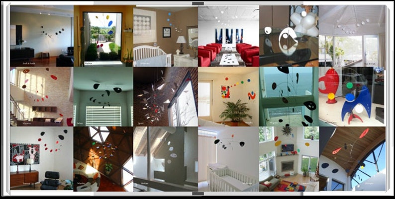 May include: A collage of 12 images showcasing various modern mobile sculptures hanging in different rooms of a home. The mobiles are made of metal and feature geometric shapes in black, white, red, blue, and yellow.