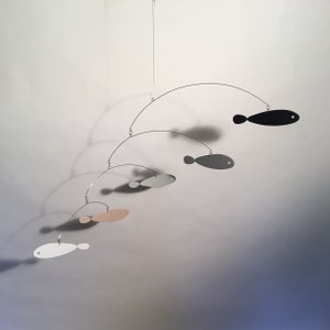 Modern S Hanging FISH Art Sculpture Bluefish Mobile Nursery Decor black white greys tan