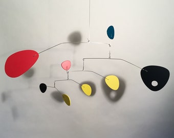 Modernist M Mobile Modern Home Decor Minimalist Hanging art Baby Nursery Art Black Teal bt. Yellow Red