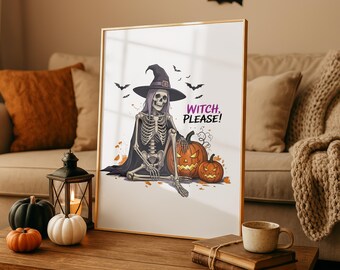 Divertente stampa artistica di Halloween con strega scheletro: decorazione con zucca e pipistrelli (download digitale)